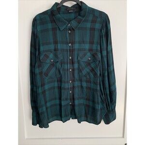 Sanctuary Shirt Womens Large Green‎ gingham Ballon Long Sleeve Botton Up Cozy